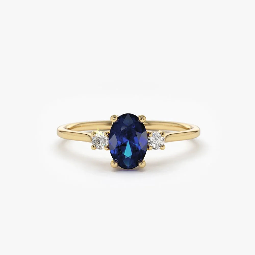 14k Gold Sapphire and Diamond Oval Cut Three Stone Ring 0.62 ctw