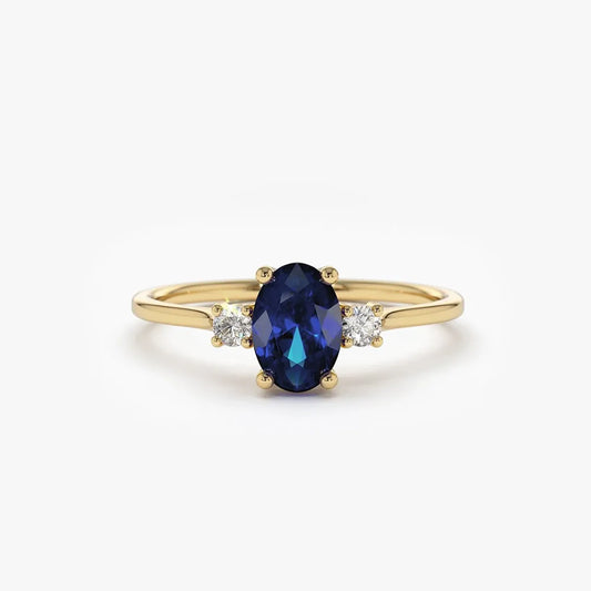 14k Gold Sapphire and Diamond Oval Cut Three Stone Ring 0.62 ctw