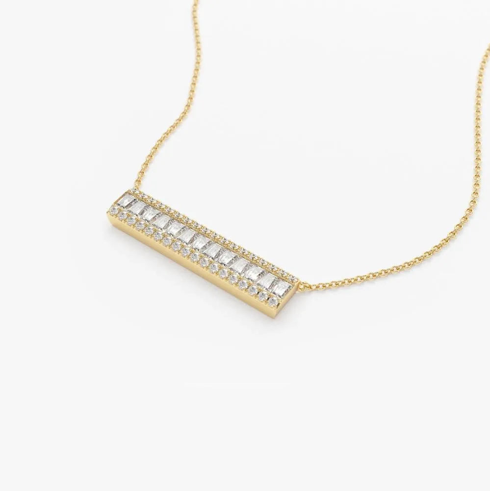 14K Solid Gold Baguette and Round Diamond Horizontal Bar Necklace 0.50ctw