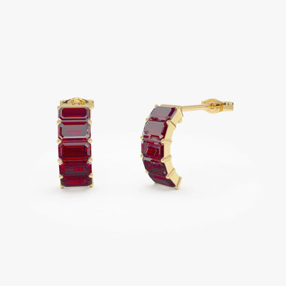 14K Solid Gold Octagon Cut Garnet Hoop Earrings 3.80ctw