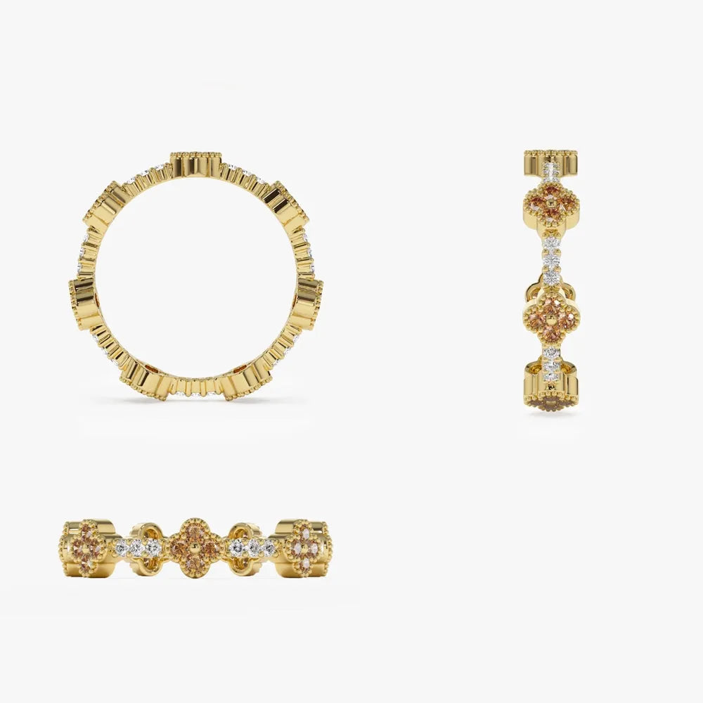 14K Gold Round Citrine and Diamond 0.47ctw Clover Full Eternity Ring