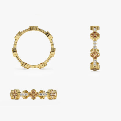14K Gold Round Citrine and Diamond 0.47ctw Clover Full Eternity Ring