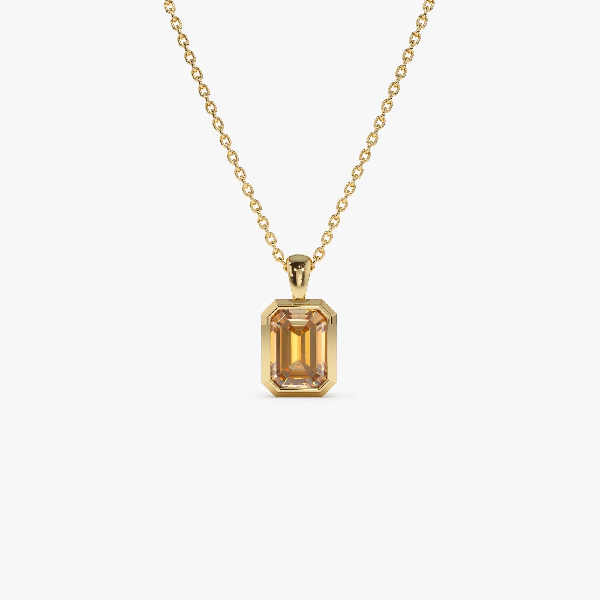 14k Solid Gold Citrine Emerald Cut Vertical Pendant 0.95 Carat Bezel Setting