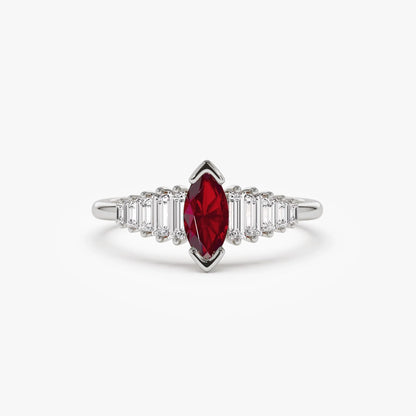 14k Gold Ruby and Diamond Marquise and Baguette Cut Ring 0.78 ctw