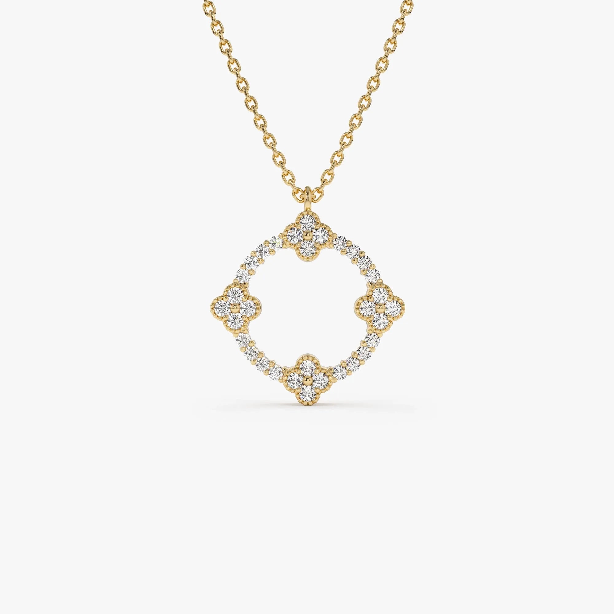 14K Solid Gold 0.32 CTW Round Diamond Clover Circle Necklace
