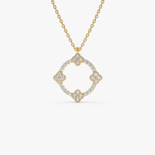 14K Solid Gold 0.32 CTW Round Diamond Clover Circle Necklace