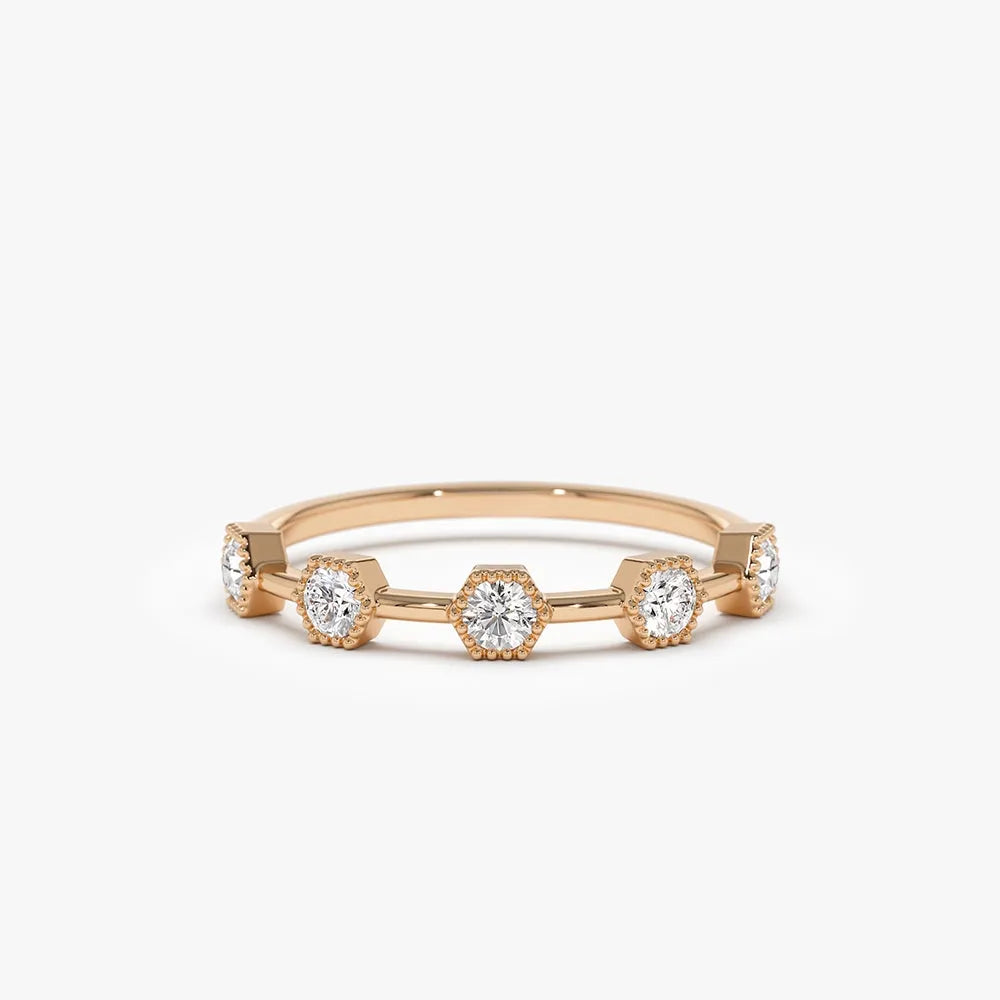 14k Gold Hexagon Milgrain Five Stone Round Diamond Ring 0.32 ctw