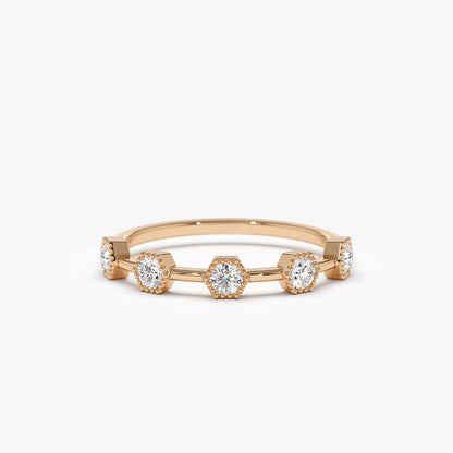 14k Gold Hexagon Milgrain Five Stone Round Diamond Ring 0.32 ctw