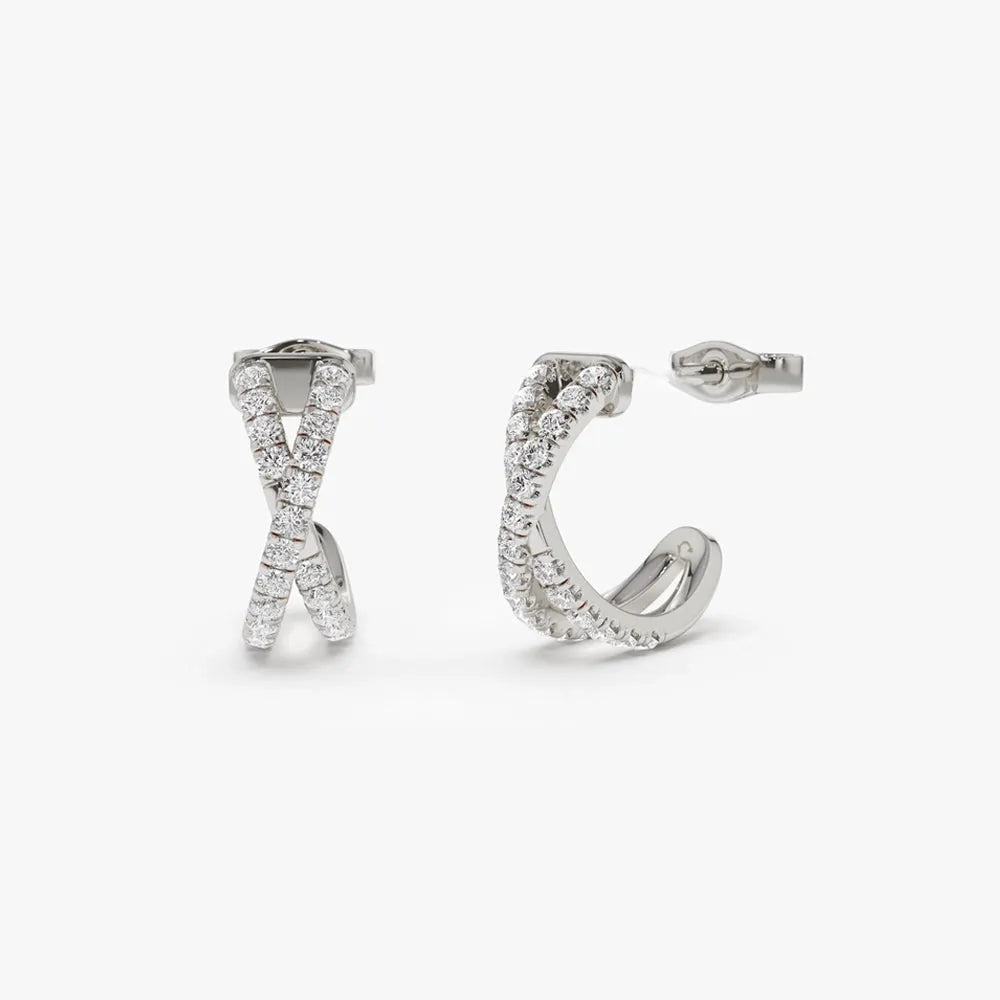 14k Gold Diamond Round Cut Criss Cross Hoop Earrings Micro-Pave 0.35 ctw