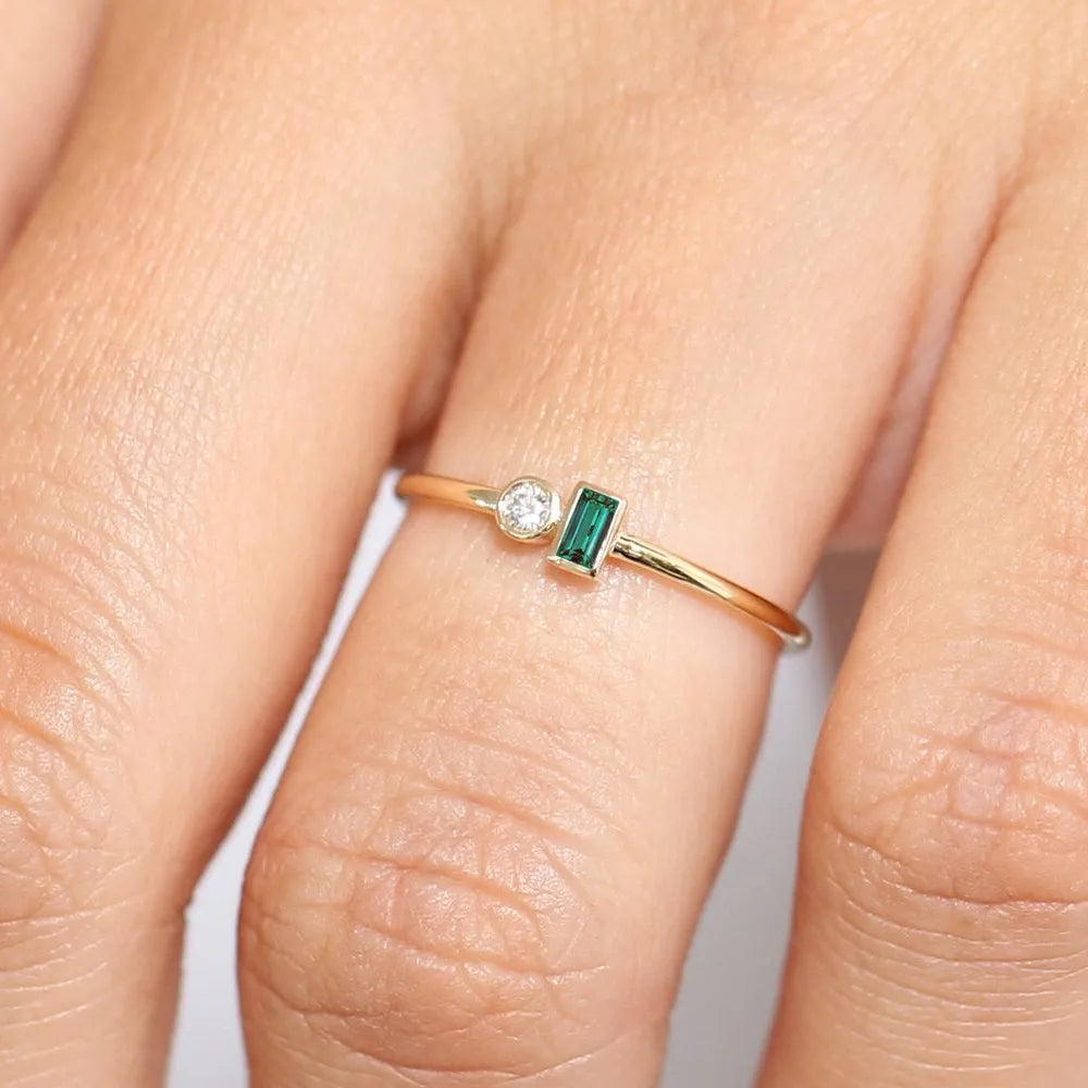 14K Solid Gold Baguette Emerald and Round Diamond Bezel Set Stackable Ring 0.13 CTW