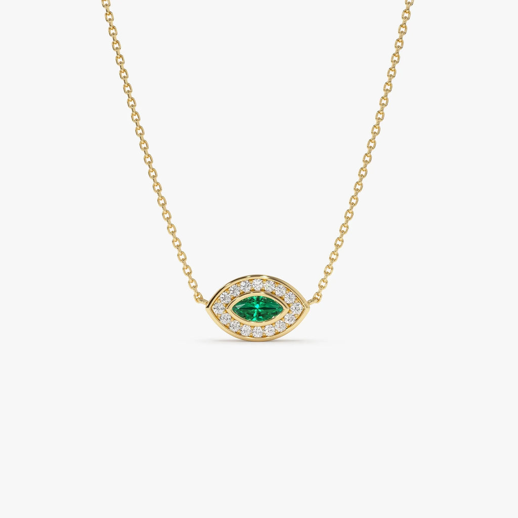 14k Solid Gold Marquise Emerald 0.18 CTW and Round Diamond 0.13 CTW Halo Pendant Necklace