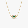 14k Solid Gold Marquise Emerald 0.18 CTW and Round Diamond 0.13 CTW Halo Pendant Necklace