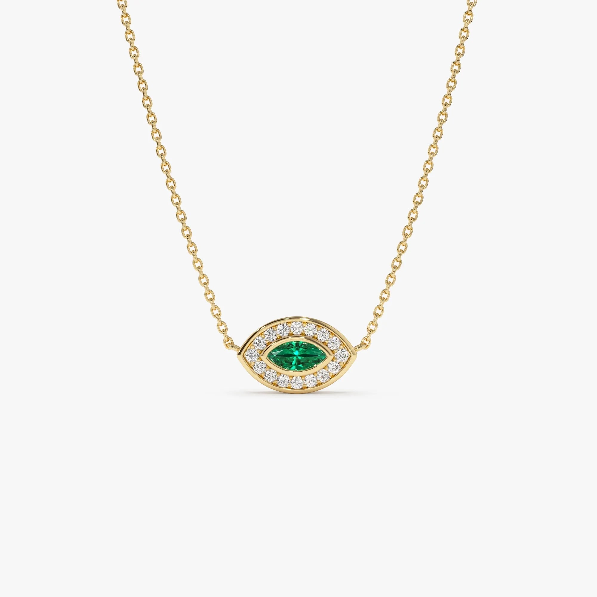 14k Solid Gold Marquise Emerald 0.18 CTW and Round Diamond 0.13 CTW Halo Pendant Necklace