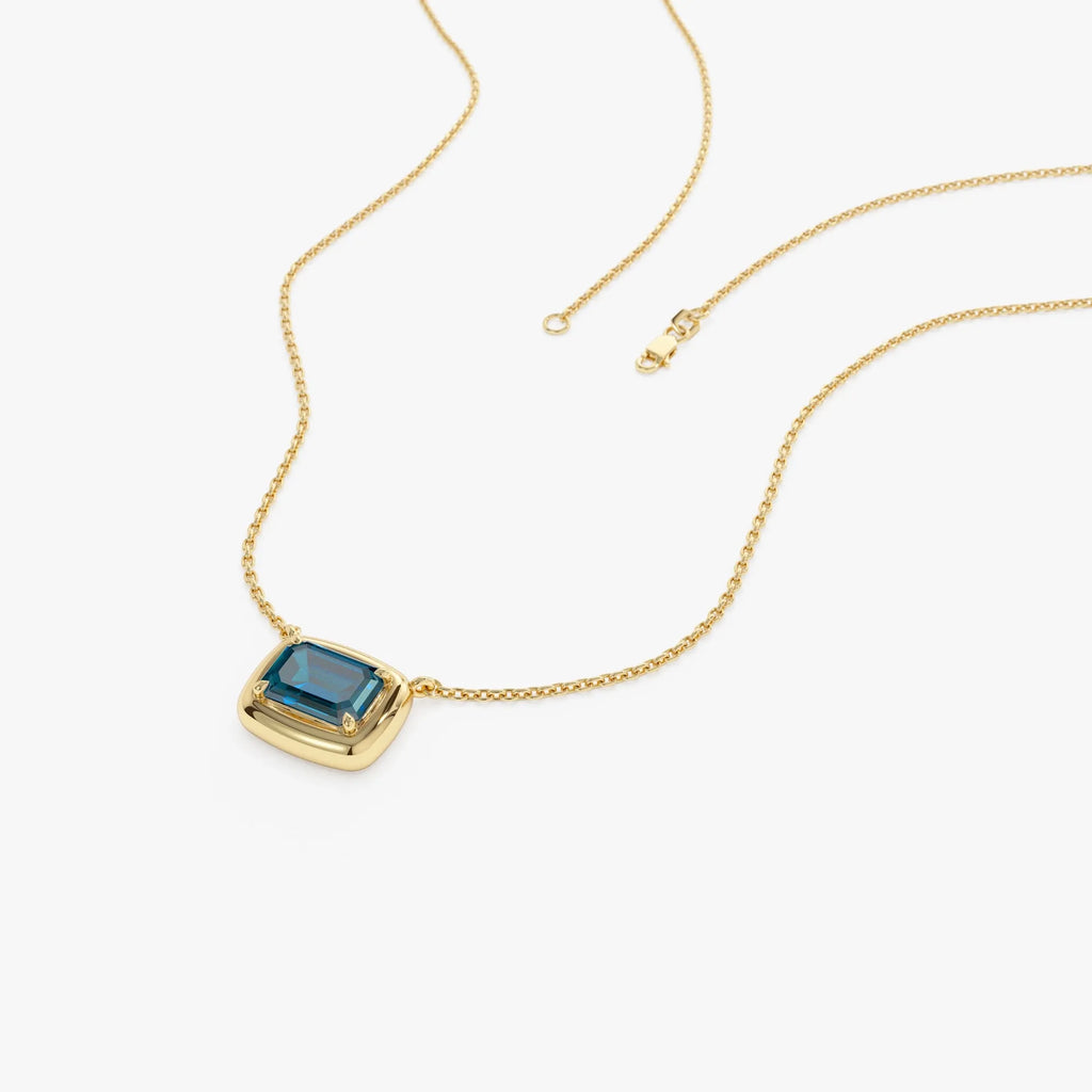 14k Solid Gold London Blue Topaz Emerald Cut Necklace 1.10 Carat Prong Setting