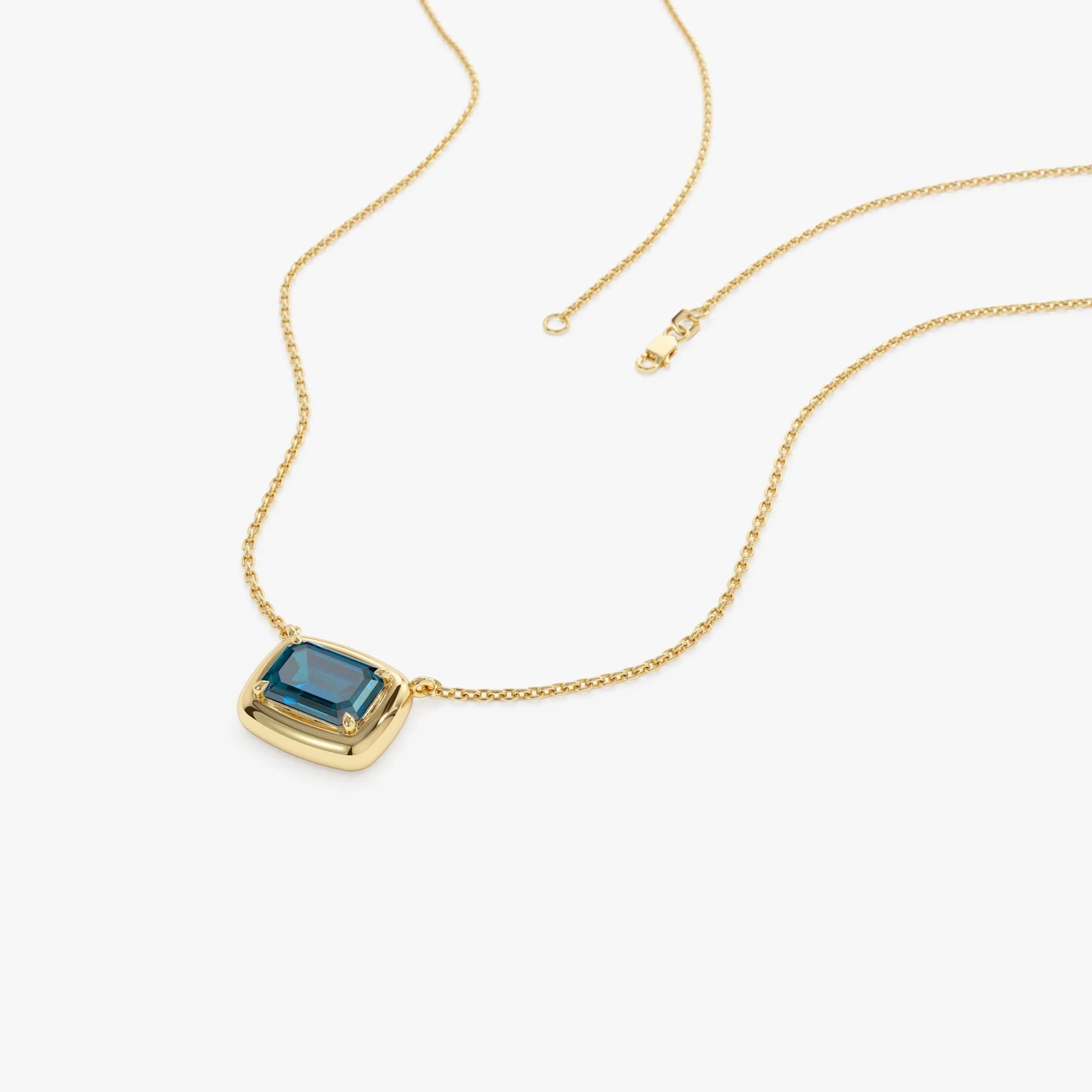 14k Solid Gold London Blue Topaz Emerald Cut Necklace 1.10 Carat Prong Setting