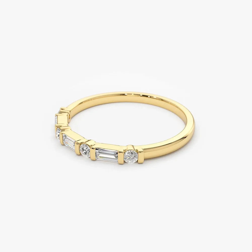 14K Solid Gold Diamond Baguette and Round Alternating Wedding Ring 0.27 CTW