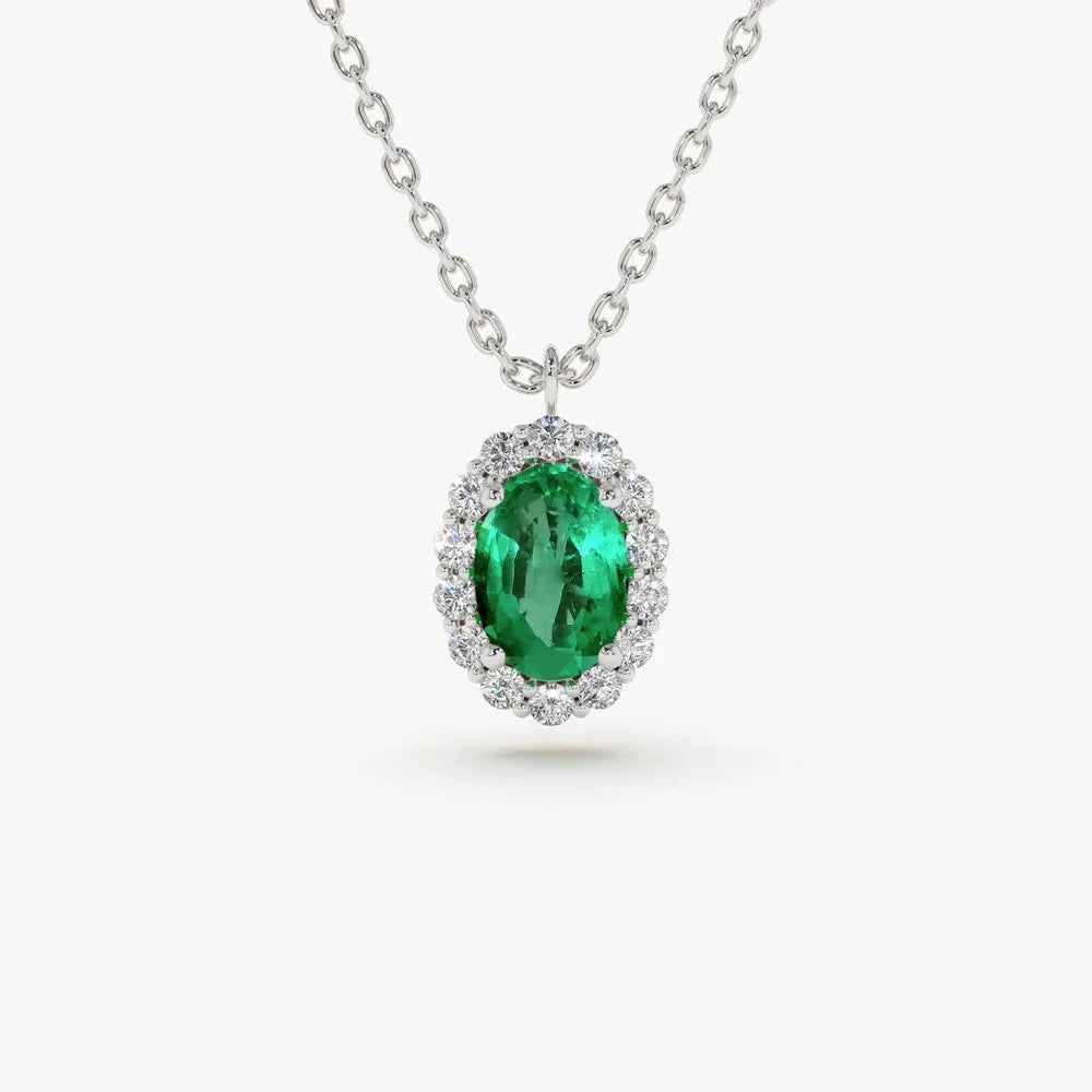 14k Solid Gold Oval Cut Emerald 0.48 CTW and Round Diamond 0.15 CTW Halo Pendant Necklace Prong Setting