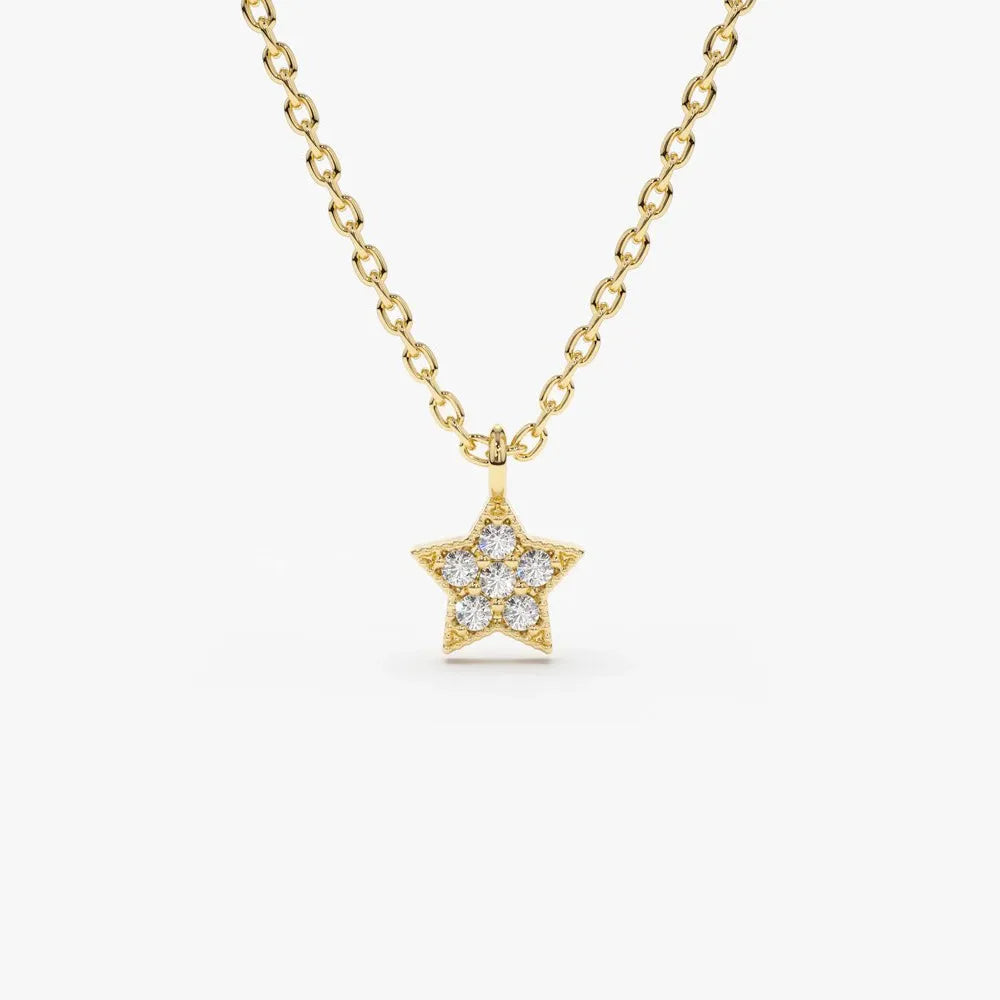14K Solid Gold Round Diamond Micro Pave Star Charm Celestial Necklace 0.06cttw
