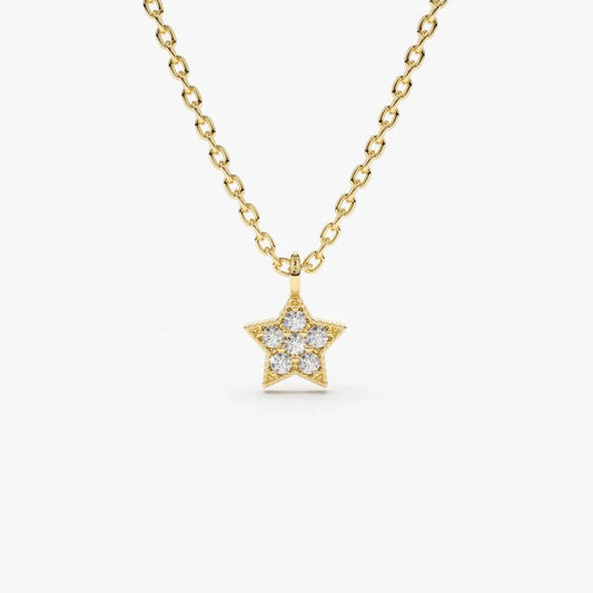 14K Solid Gold Round Diamond Micro Pave Star Charm Celestial Necklace 0.06cttw