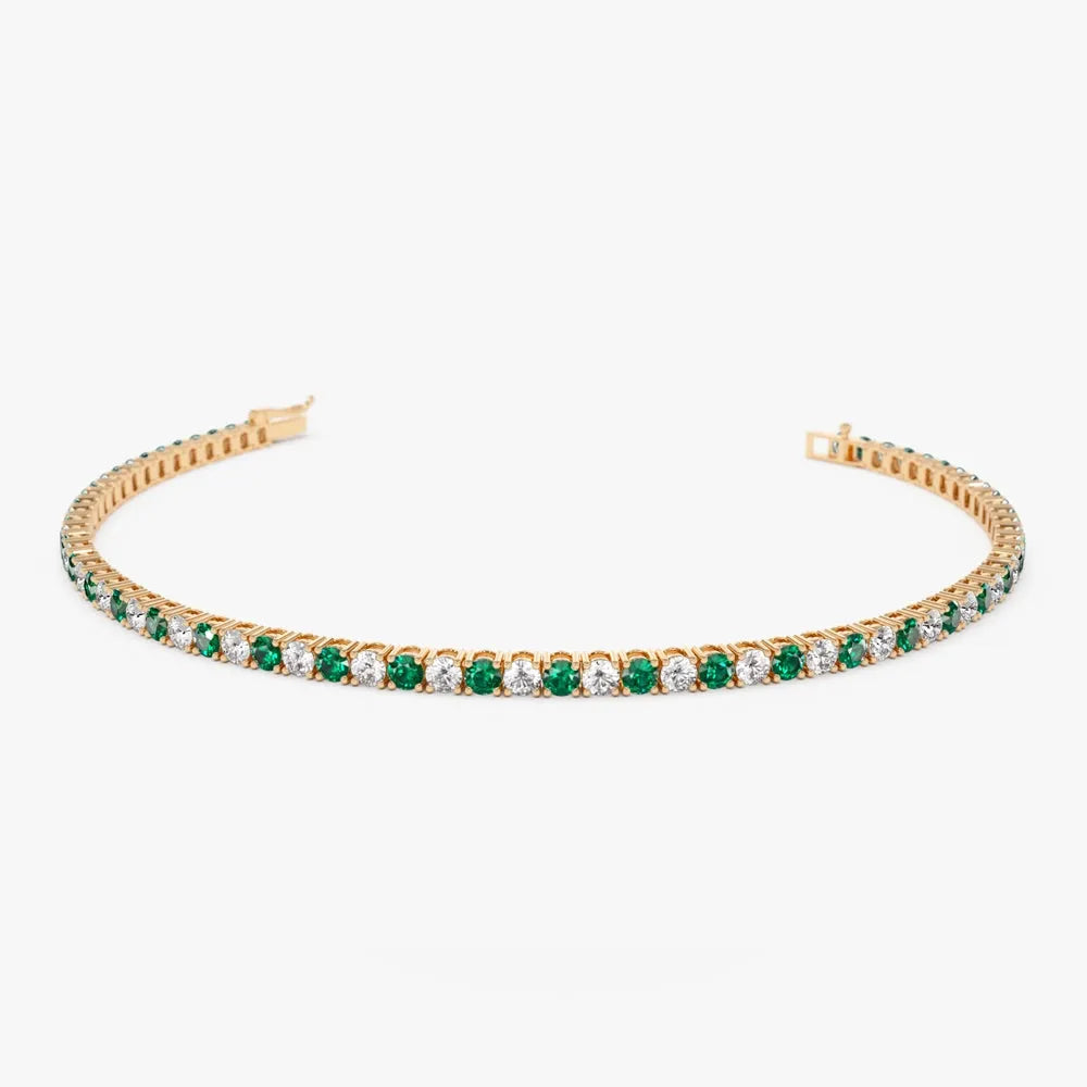 14k Gold Round Diamond and Emerald 4 Prong Tennis Bracelet