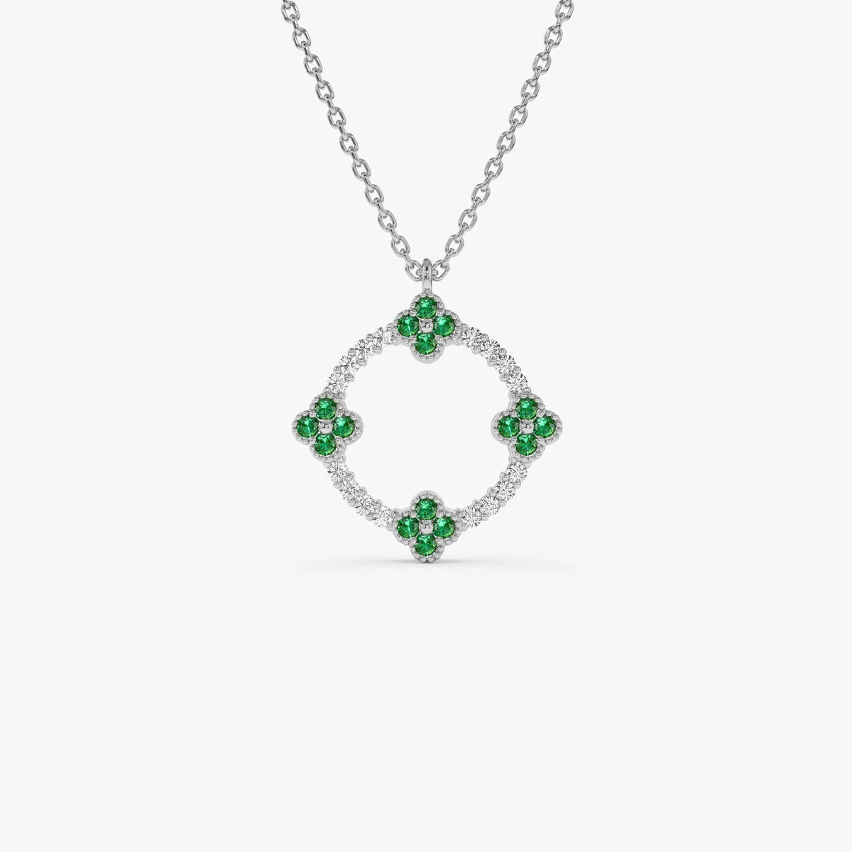 14k Solid Gold Round Diamond 0.12 CTW and Emerald 0.18 CTW Clover Pendant Necklace