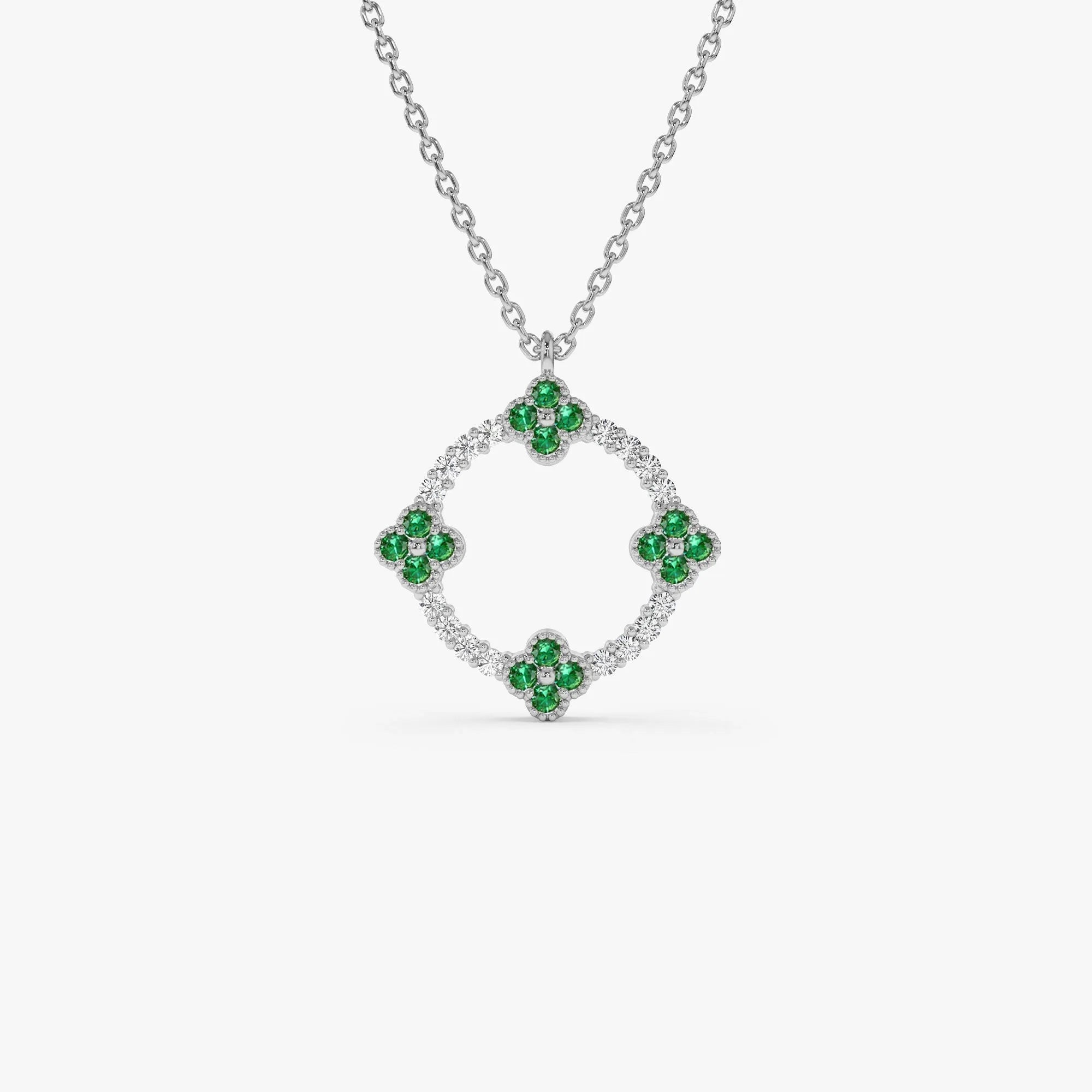 14k Solid Gold Round Diamond 0.12 CTW and Emerald 0.18 CTW Clover Pendant Necklace