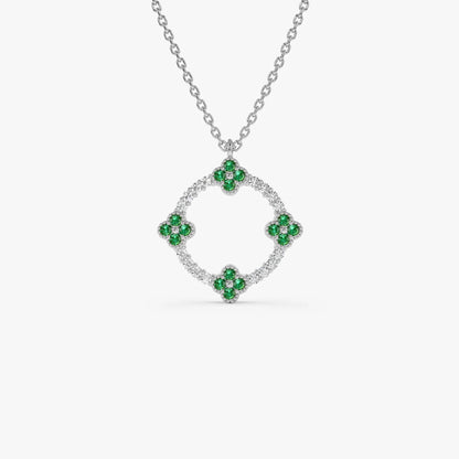14k Solid Gold Round Diamond 0.12 CTW and Emerald 0.18 CTW Clover Pendant Necklace