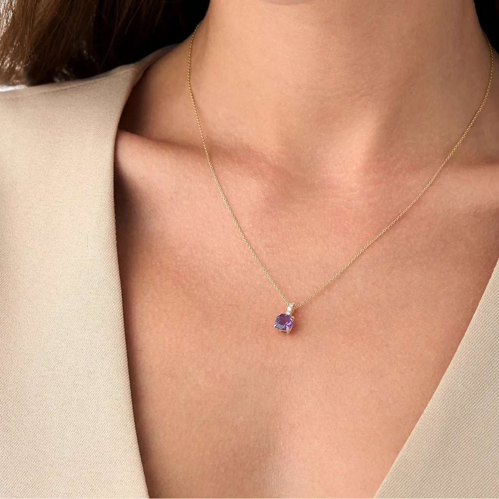 14k Solid Gold Amethyst and Diamond Cushion Cut Pendant Necklace 1.02 Carat