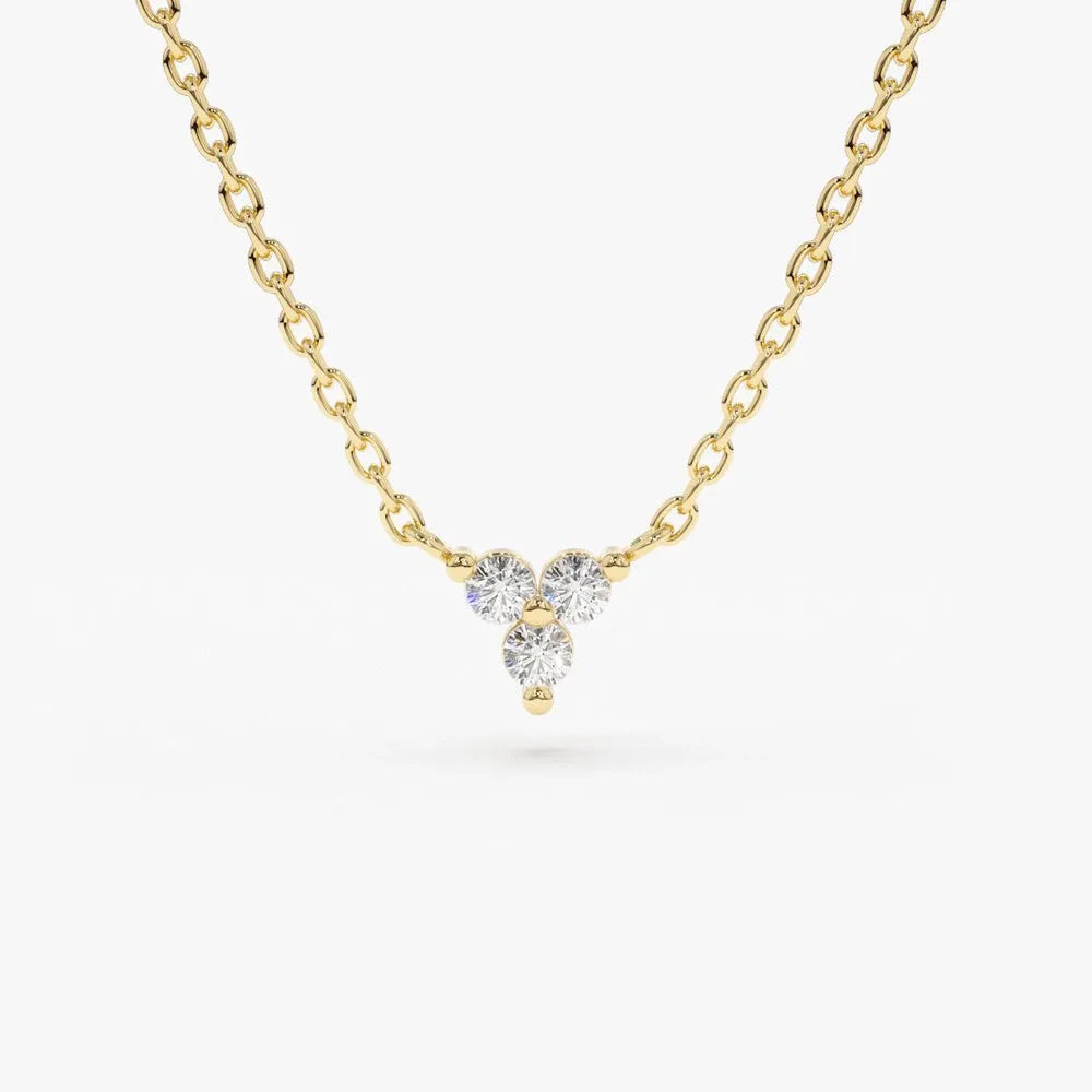 14K Solid Gold Round Diamond Trio Triangle Necklace Prong Setting 0.09cttw