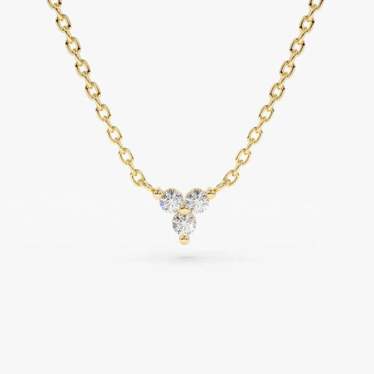 14K Solid Gold Round Diamond Trio Triangle Necklace Prong Setting 0.09cttw