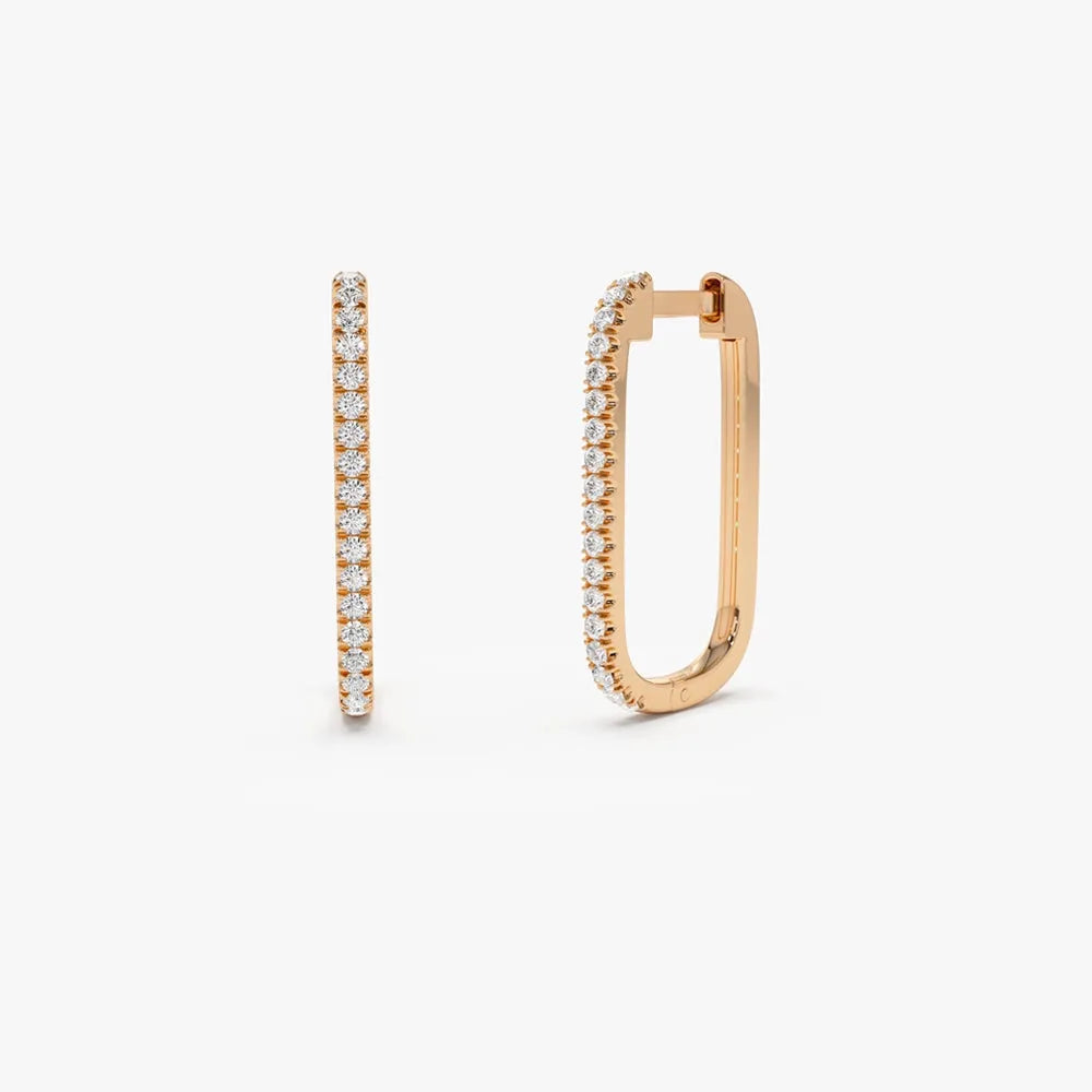 14k Gold Diamond Round Cut Paperclip Hoop Earrings Micro-Pave 0.30 ctw