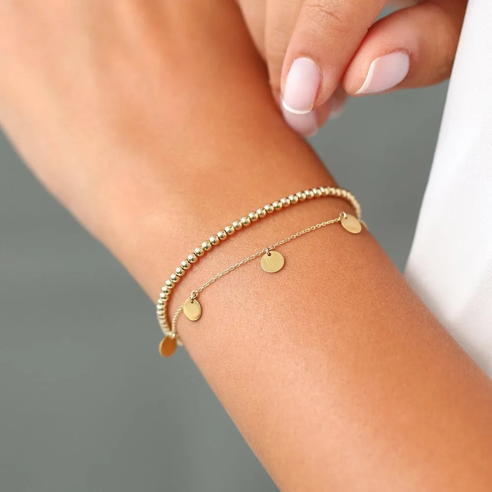 14K Solid Gold 2.5MM Beaded Chain Layering Bracelet