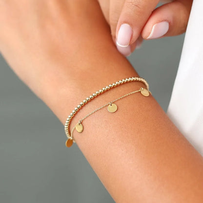 14K Solid Gold 2.5MM Beaded Chain Layering Bracelet