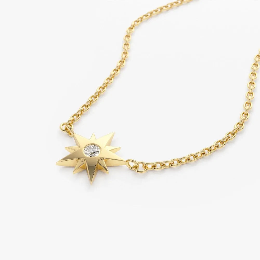 14K Solid Gold Round Diamond Star Pendant Necklace Burnish Setting 0.03ctw