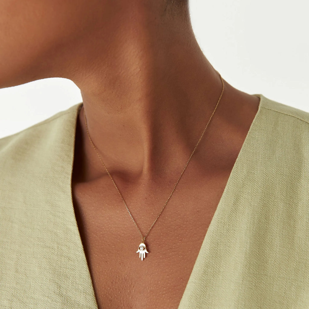 14K Solid Gold 0.04 CTW Round Diamond Hamsa Hand Necklace