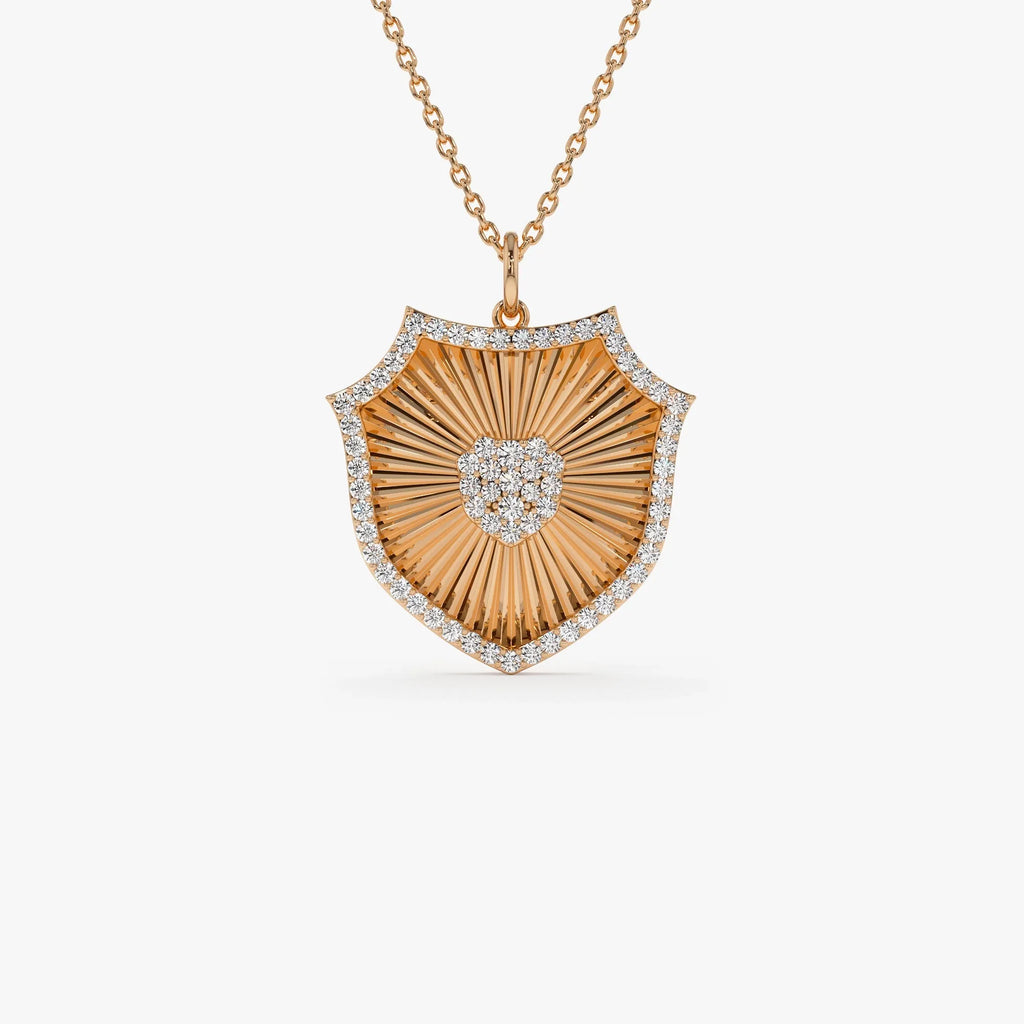 14K Solid Gold 0.35 CTW Round Diamond Shield Medallion Pendant Necklace