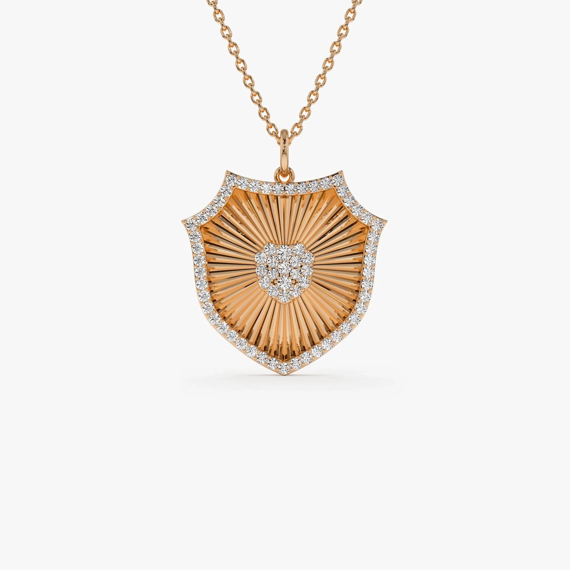 14K Solid Gold 0.35 CTW Round Diamond Shield Medallion Pendant Necklace