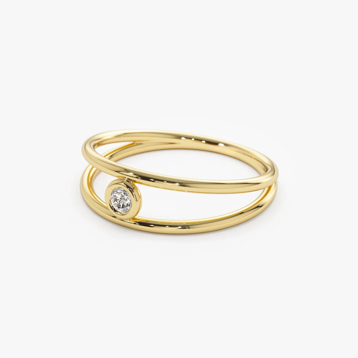 14K Solid Gold Round Diamond Double Band Bezel Set Solitaire Ring 0.07 Carat