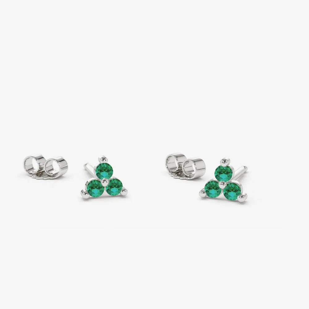 14K Solid Gold Round Emerald Trio Stud Earrings 0.14ctw Prong Setting