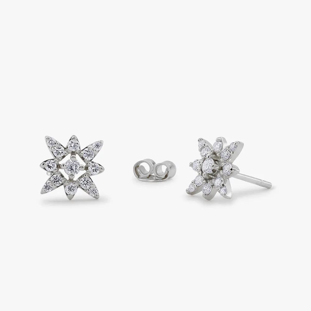 14k Gold Diamond Round Cut Compass Star Stud Earrings Prong Setting 0.42 ctw