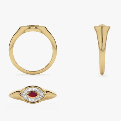 14k Gold Ruby and Diamond Marquise and Baguette Cut Ring 0.39 ctw