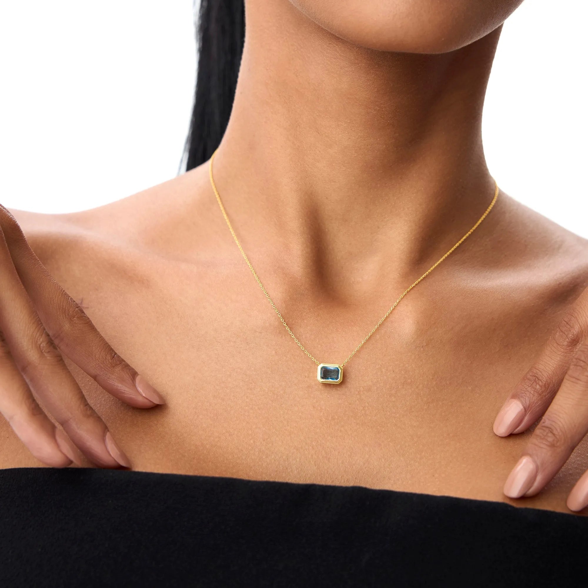 14k Solid Gold London Blue Topaz Emerald Cut Necklace 1.25 Carat Bezel Setting