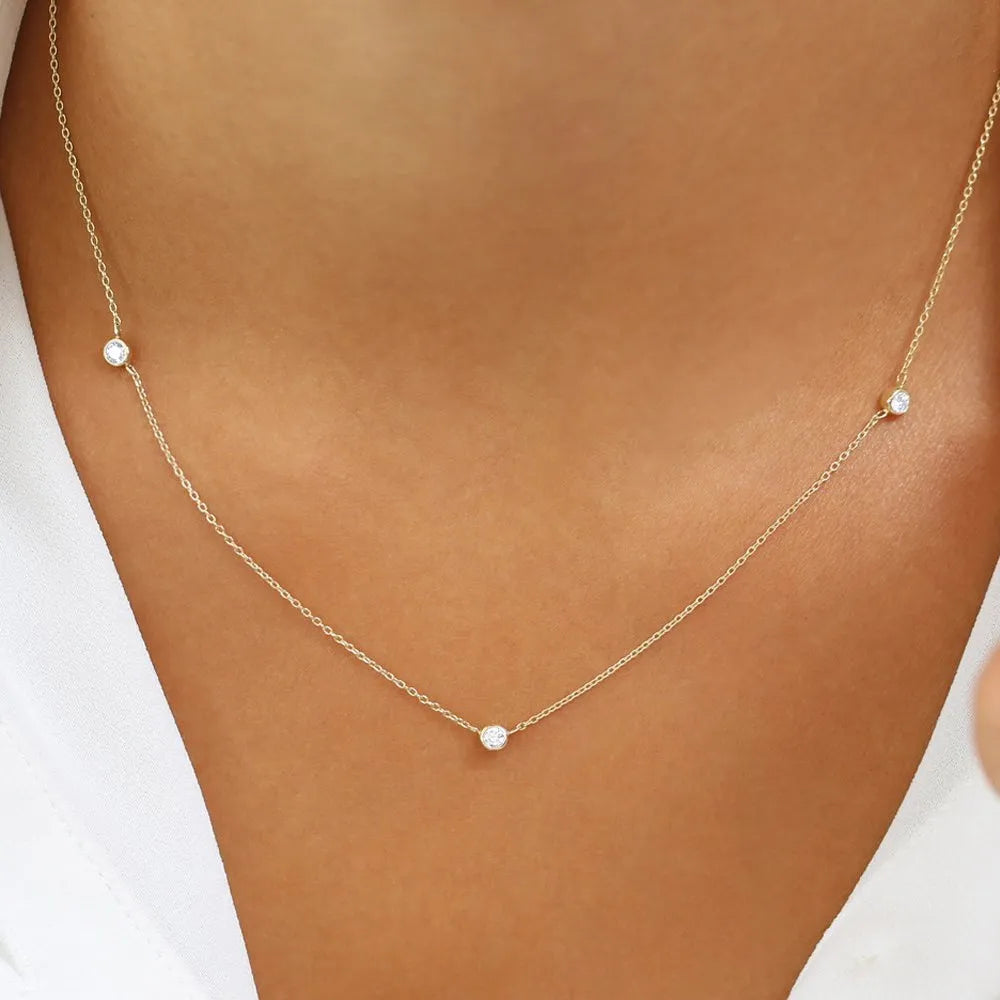 14K Solid Gold Round Diamond 3 Stone Bezel Set By The Yard Necklace 0.19cttw