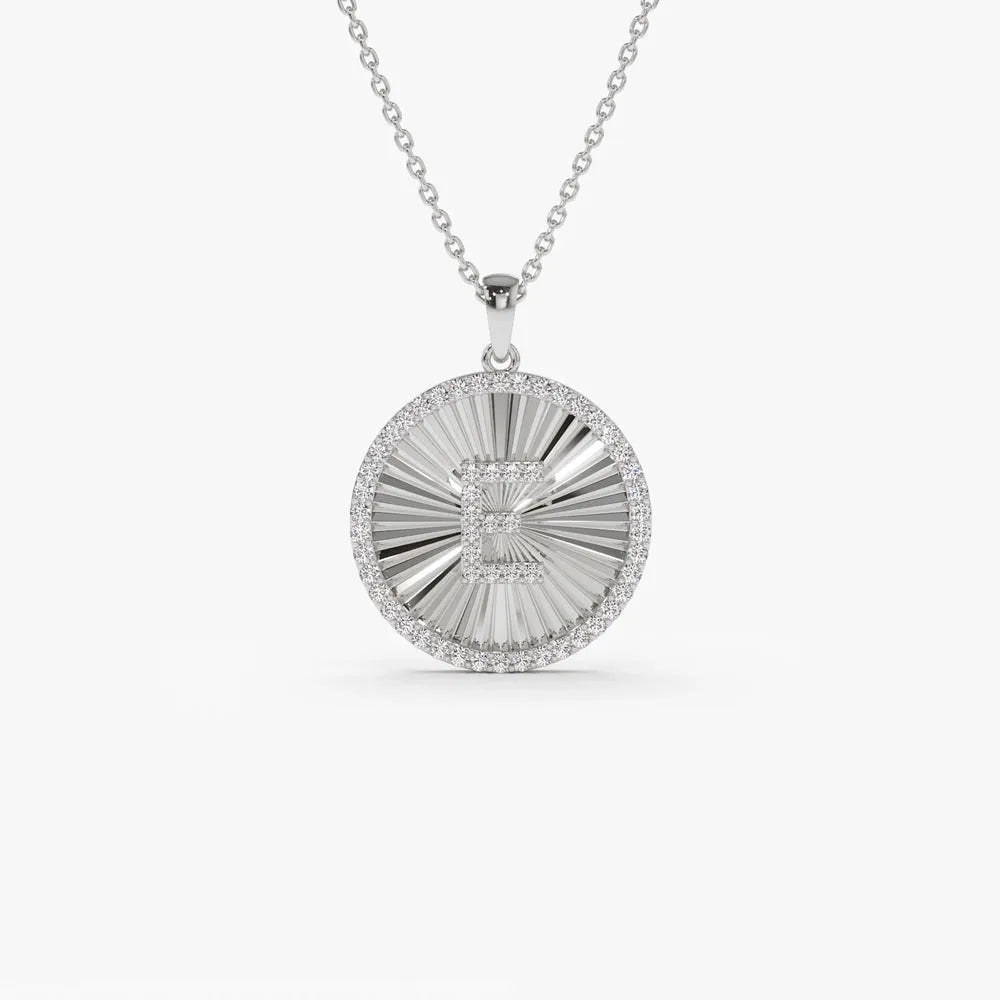 14K Solid Gold Round Diamond Initial Ballerina Disc Pendant Necklace 0.34ctw