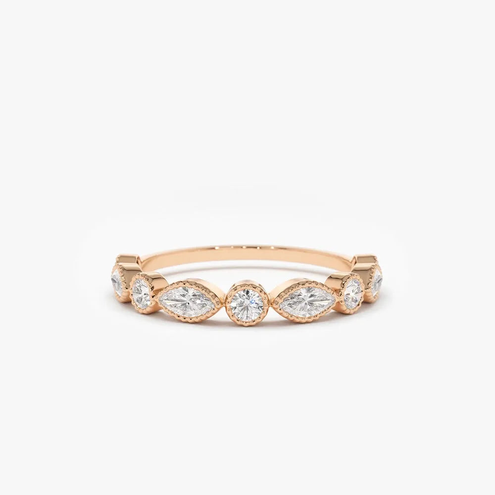 14K Gold 0.55 Ctw Marquise and Round Diamond Milgrain Bezel Setting Ring