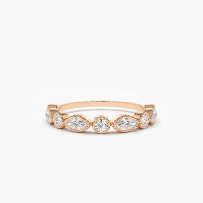 14K Gold 0.55 Ctw Marquise and Round Diamond Milgrain Bezel Setting Ring