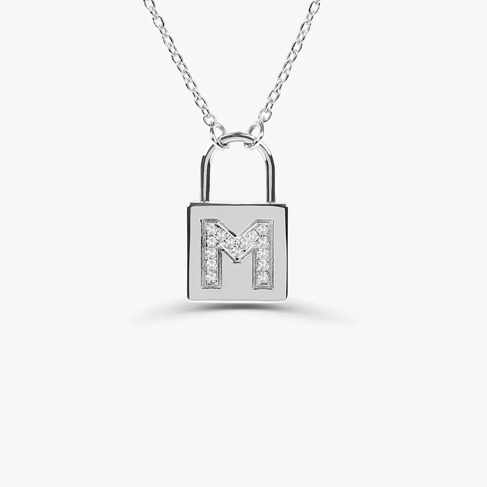 14K Solid Gold Round Diamond Micro Pave Padlock Initial Pendant Necklace 0.12ctw