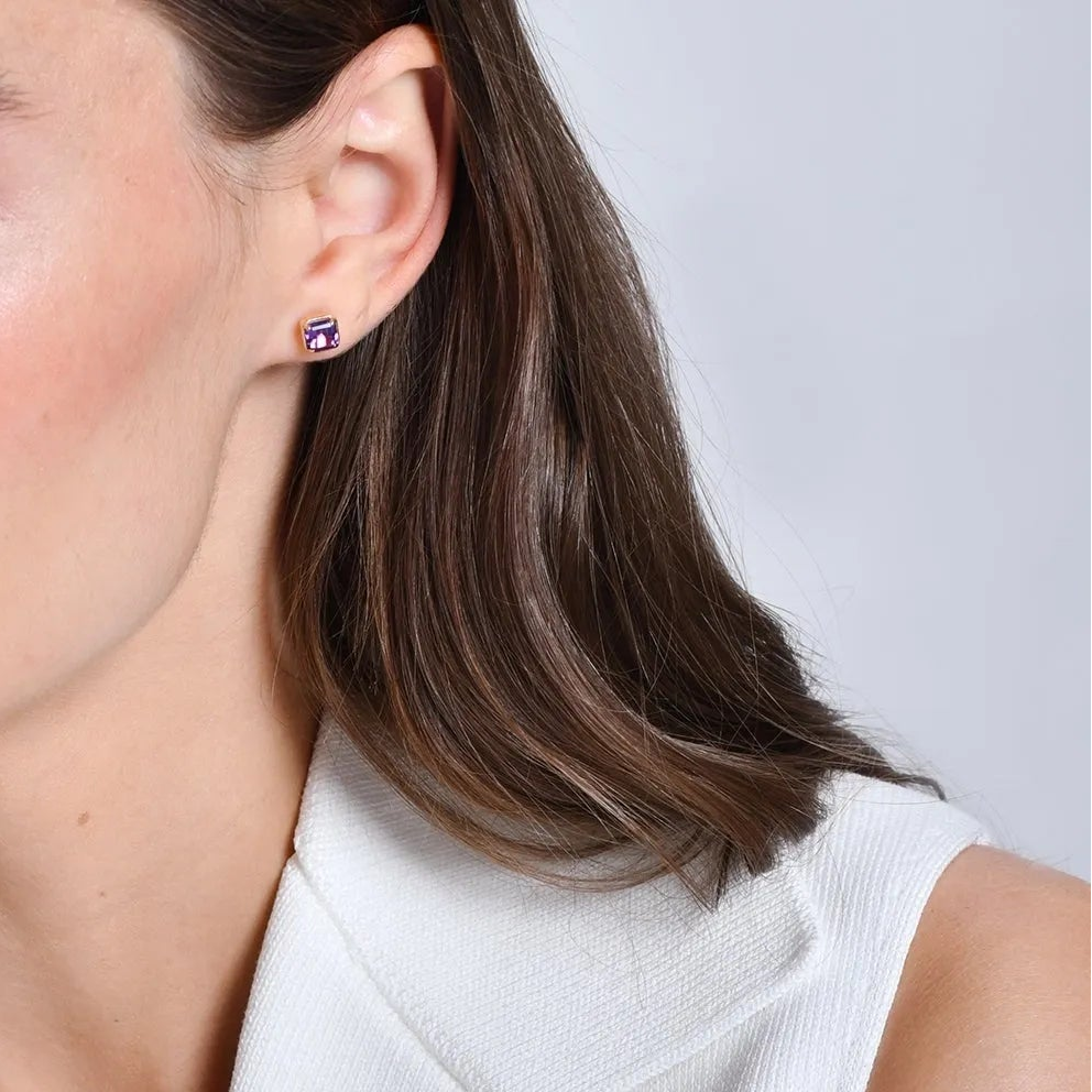 14K Solid Gold Asscher Cut Amethyst Stud Earrings 1.30ctw