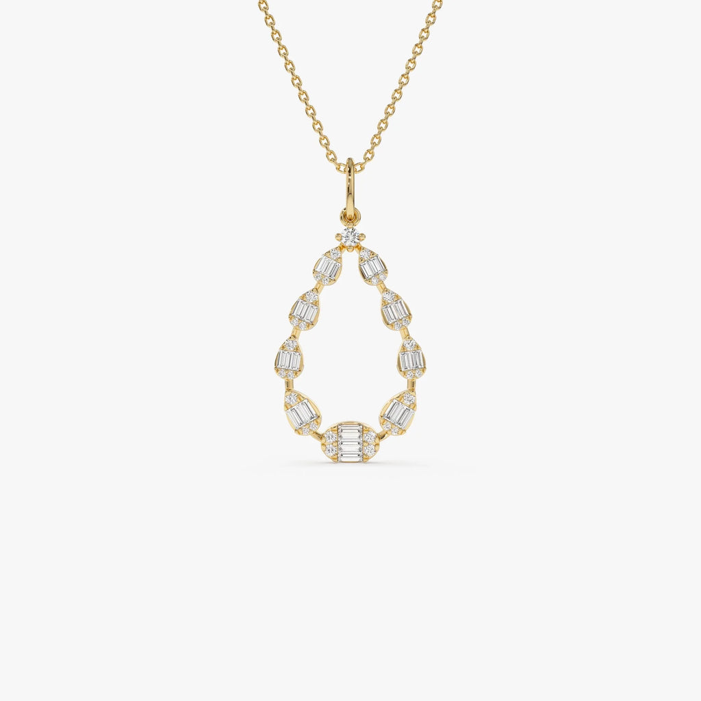 14K Solid Gold Round and Baguette Diamond Pear Shape Pendant Necklace 0.47ctw