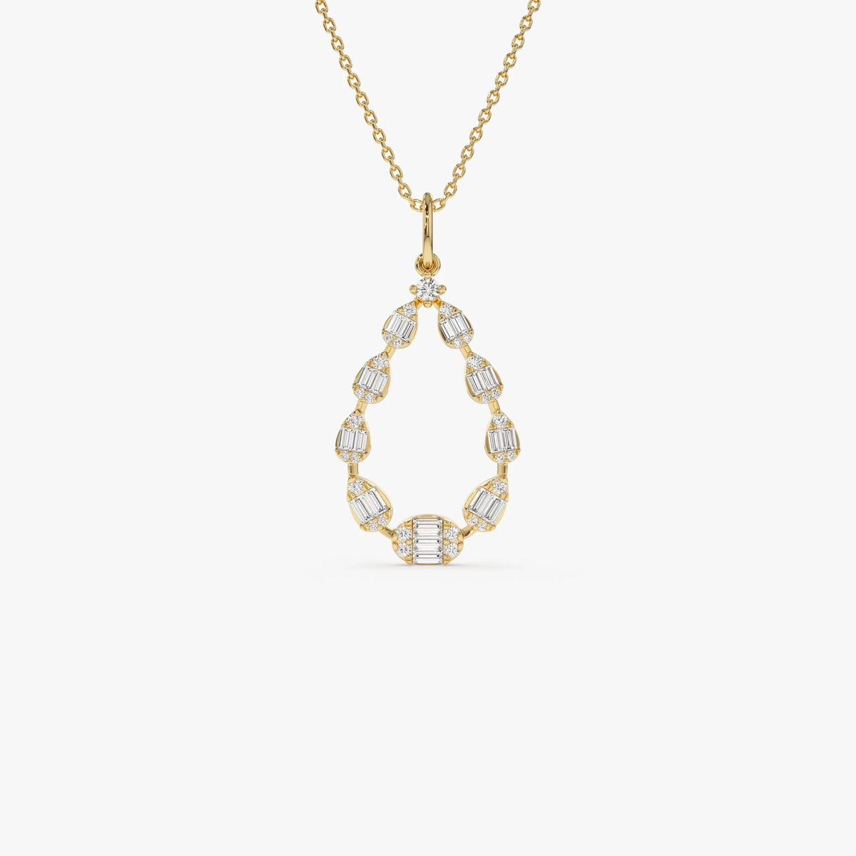 14K Solid Gold Round and Baguette Diamond Pear Shape Pendant Necklace 0.47ctw